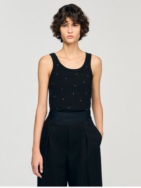 NWT Sandro Black Embellished Ribbed Tank Top